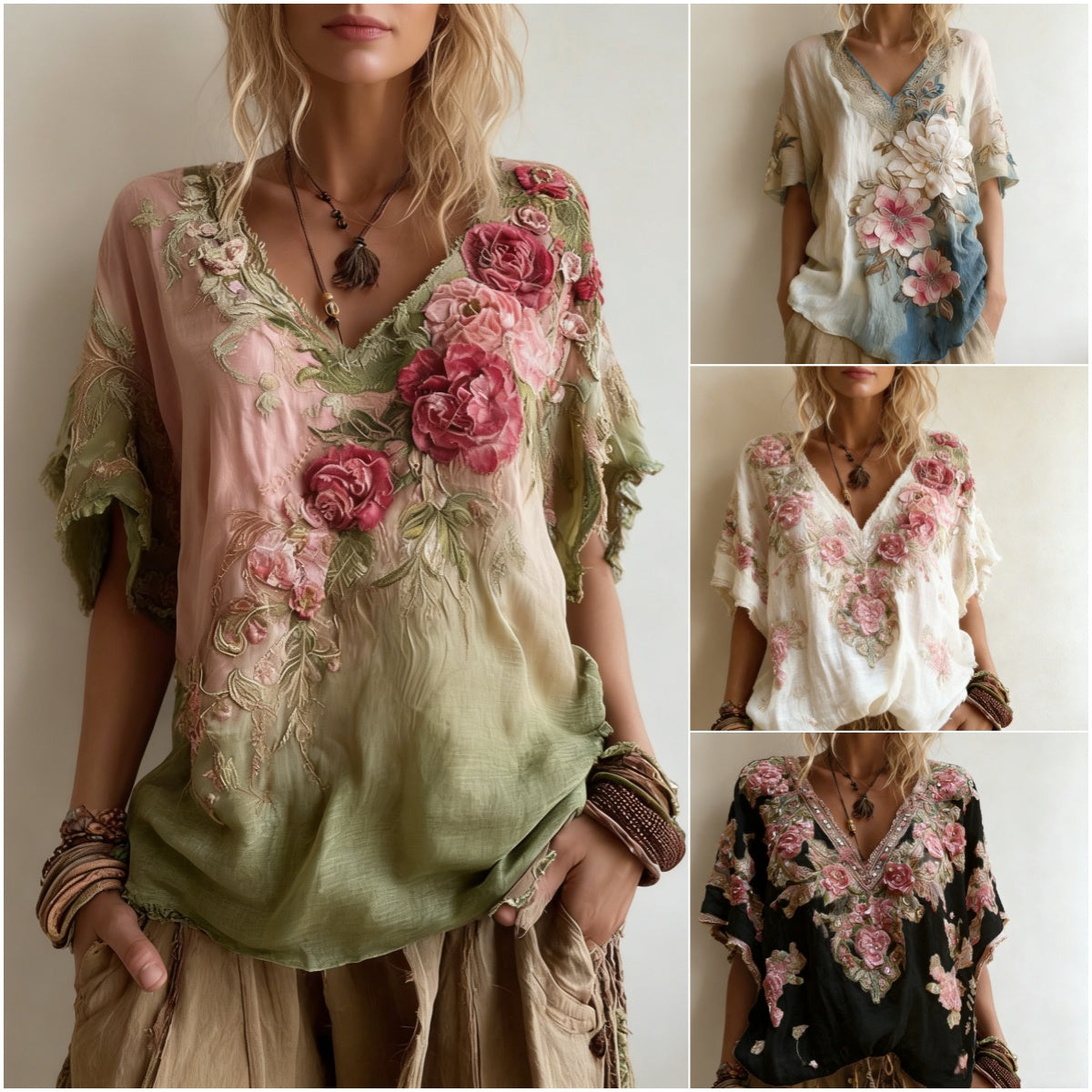 Blusa elegante con cuello en V profundo y estampado floral Tallas S-4XL