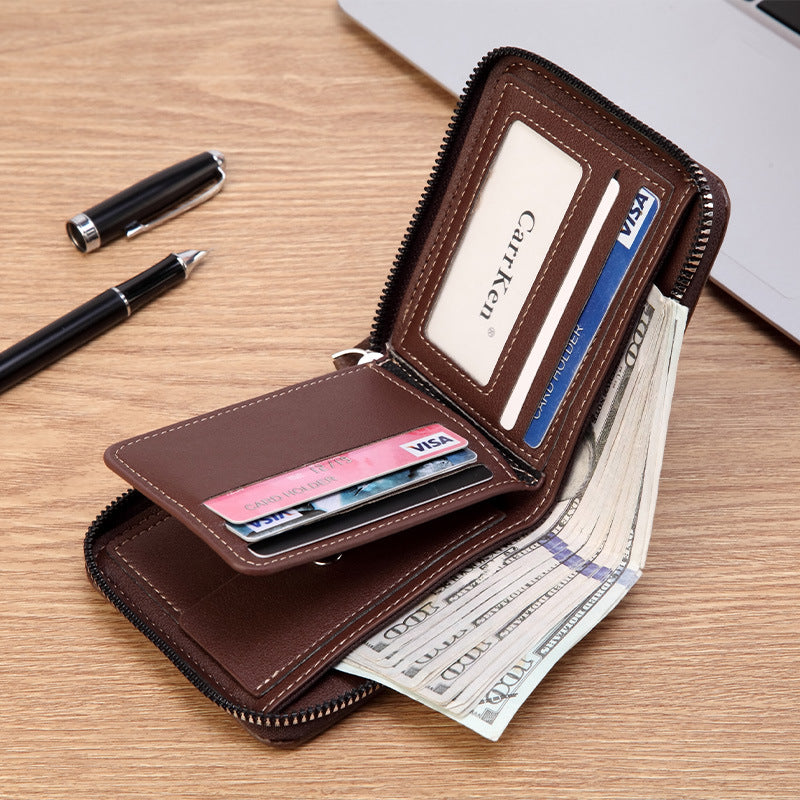 【Compre uno y llévese otro gratis】 Billetera con cremallera de estilo retro para hombre, figura pequeña gran capacidad_3866562
