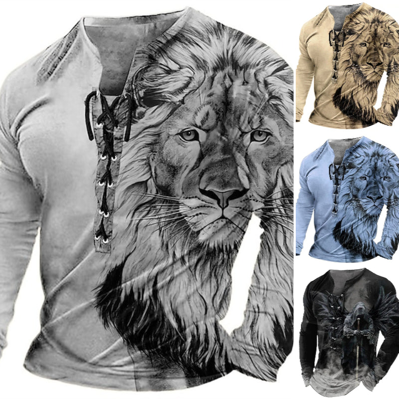 🦁🦁Męski, swobodny T-shirt z długim rękawem i nadrukiem 3D-3995258