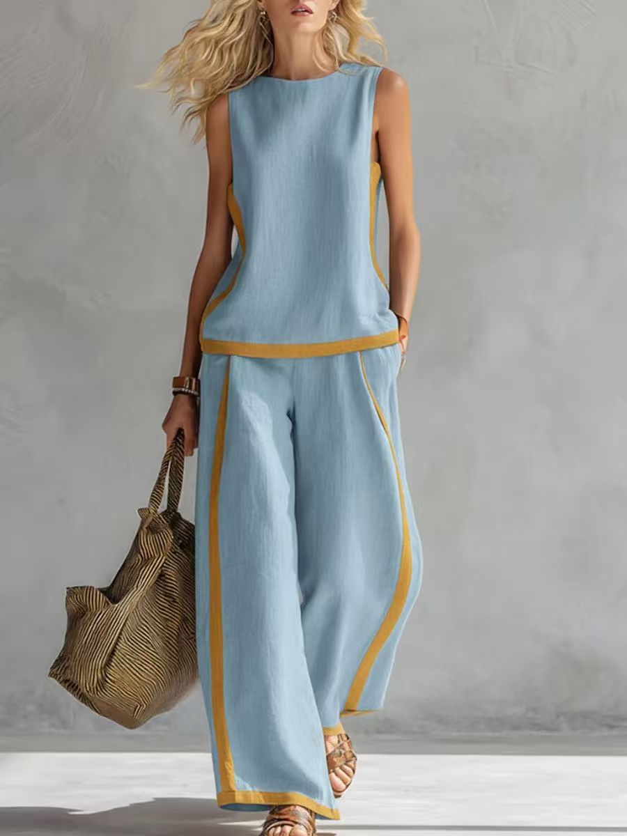 【Descuento】¡Nueva llegada de verano! 2026 Nuevo conjunto moderno de dos piezas para mujer: top sin mangas con detalles en contraste y pantalones de pierna ancha - Estilo veraniego, casual y chic.