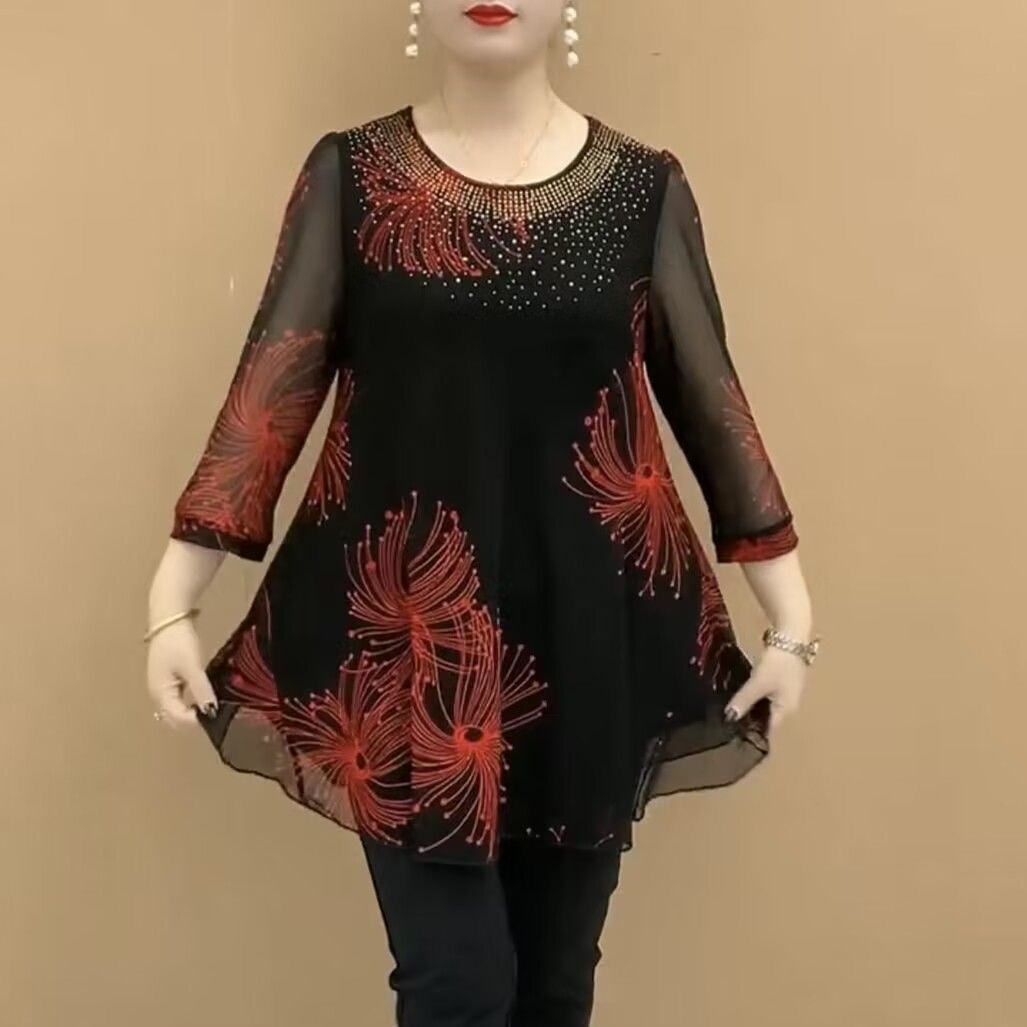 ✨️【S-5XL】Novinka na jeseň, módny top s potlačou zo sieťoviny s okrúhlym výstrihom