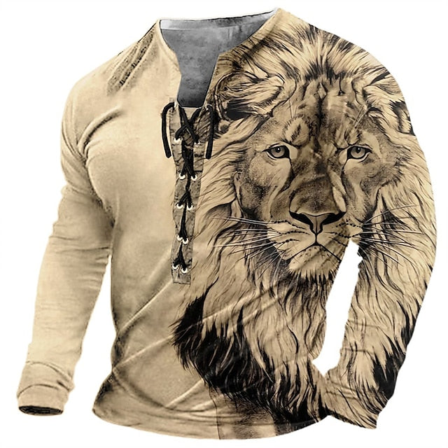 🦁🦁Męski, swobodny T-shirt z długim rękawem i nadrukiem 3D-3995258