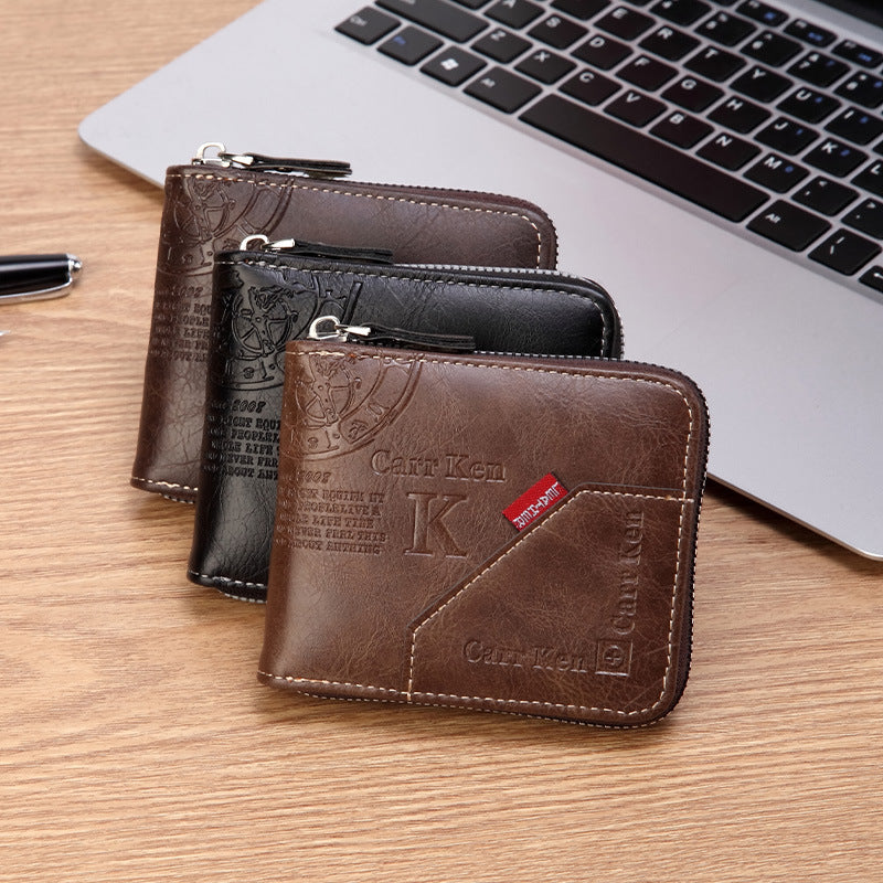 【Compre uno y llévese otro gratis】 Billetera con cremallera de estilo retro para hombre, figura pequeña gran capacidad_3866562