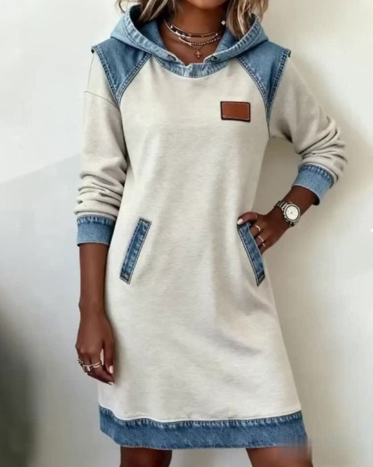 Novedades de primavera,Nuevo vestido de patchwork de mezclilla con capucha