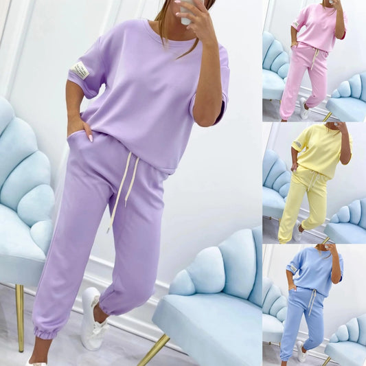 Conjunto casual de top y pantalones lisos para mujer (S-5XL)