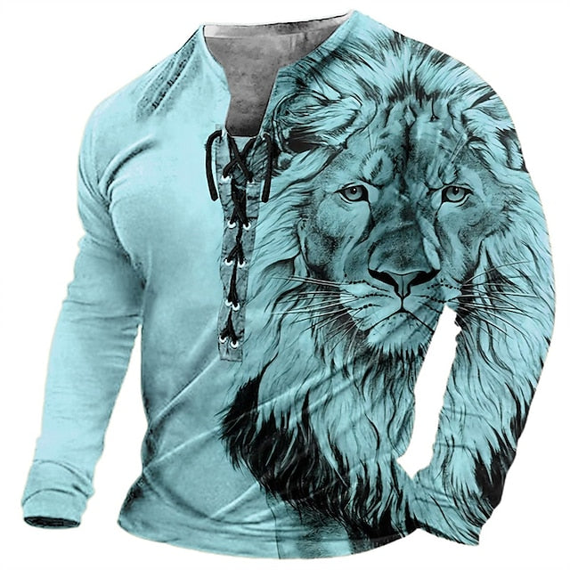 🦁🦁Męski, swobodny T-shirt z długim rękawem i nadrukiem 3D-3995258