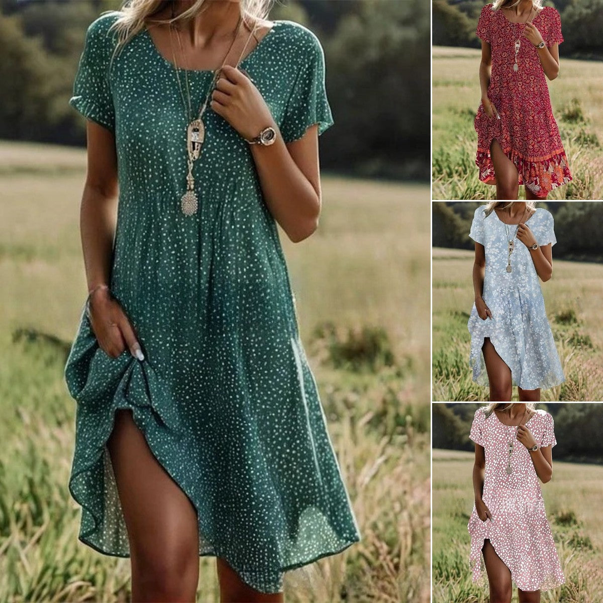 【Promocja】【S-3XL】Nowa sukienka swobodna z okrągłym dekoltem i nadrukiem na wiosnę i lato_4060547