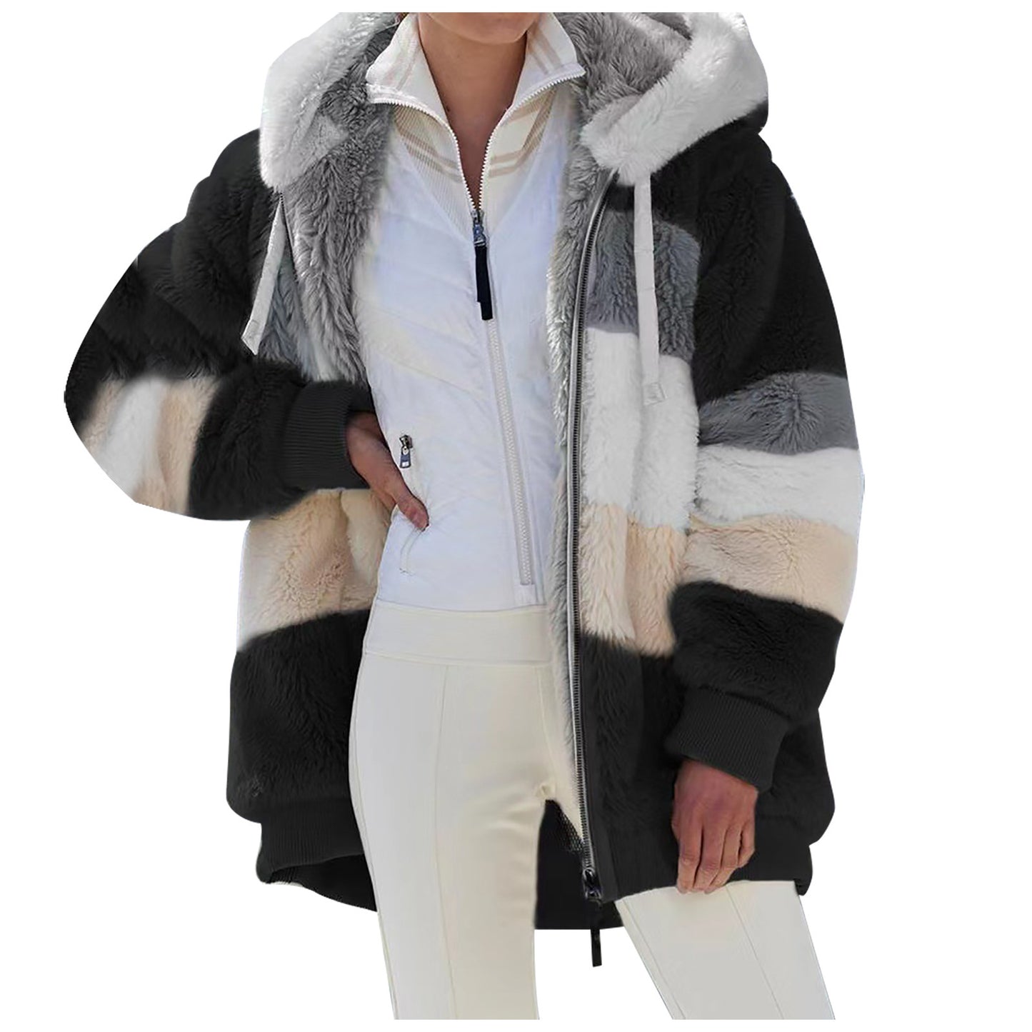 【30%OFF】☃️❄️【S-5XL】2024 Nueva chaqueta de lana de felpa, rayas en contraste_3831026