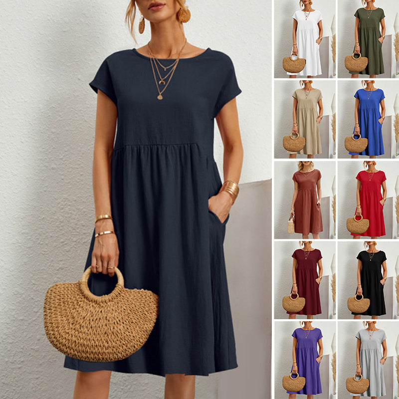 ✨🌼【Compre 1 y obtenga 1 gratis】【S-5XL】2024 Vestido de línea suelta con cuello redondo de algodón y lino para mujer_3991076