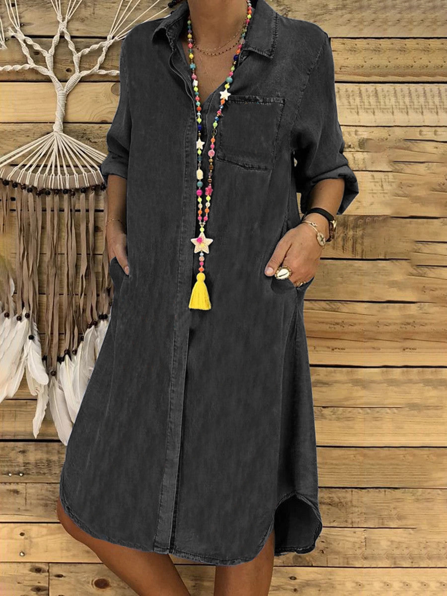 【S-5XL】Vestido vaquero informal de color liso para mujer, talla grande