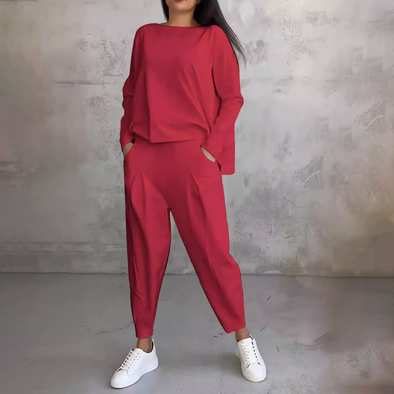 đź’Ąđź’–Conjunto de dos piezas con mangas largas y pantalones con cuello redondo_3931778