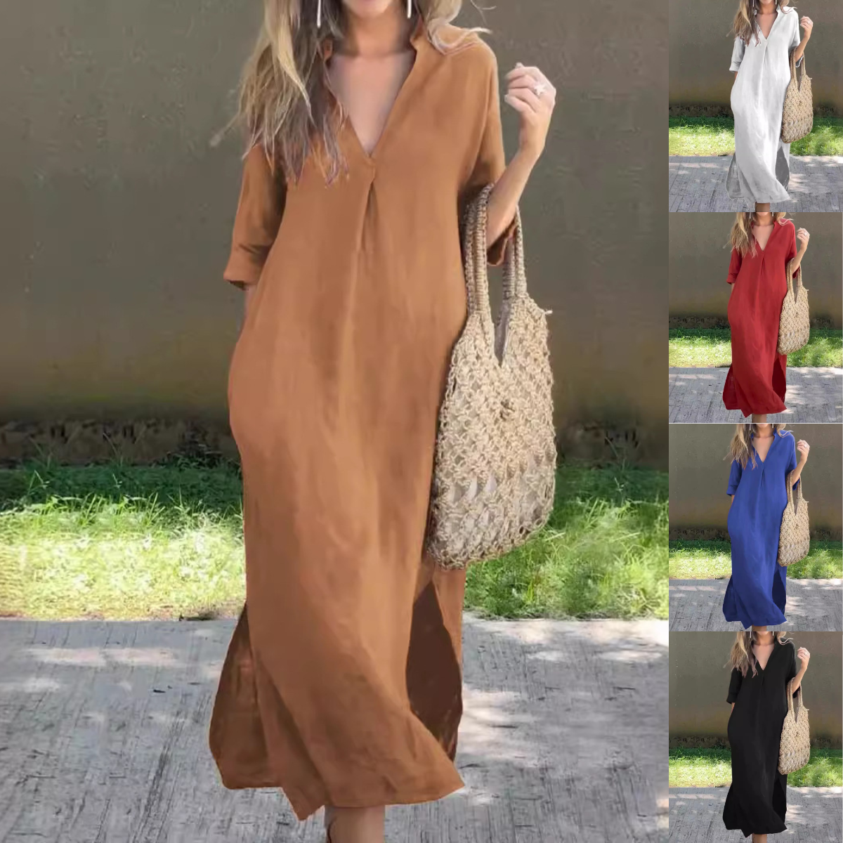 【50% de descuento 】【S–3XL】Vestido maxi de lino para verano, con cuello en V y aberturas laterales, cómodo