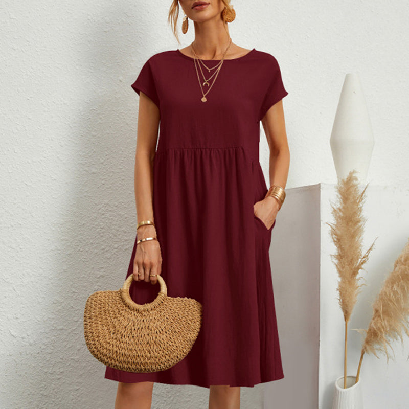 ✨🌼【Compre 1 y obtenga 1 gratis】【S-5XL】2024 Vestido de línea suelta con cuello redondo de algodón y lino para mujer_3991076
