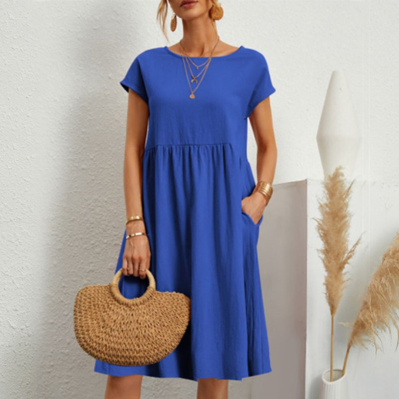 ✨🌼【Compre 1 y obtenga 1 gratis】【S-5XL】2024 Vestido de línea suelta con cuello redondo de algodón y lino para mujer_3991076