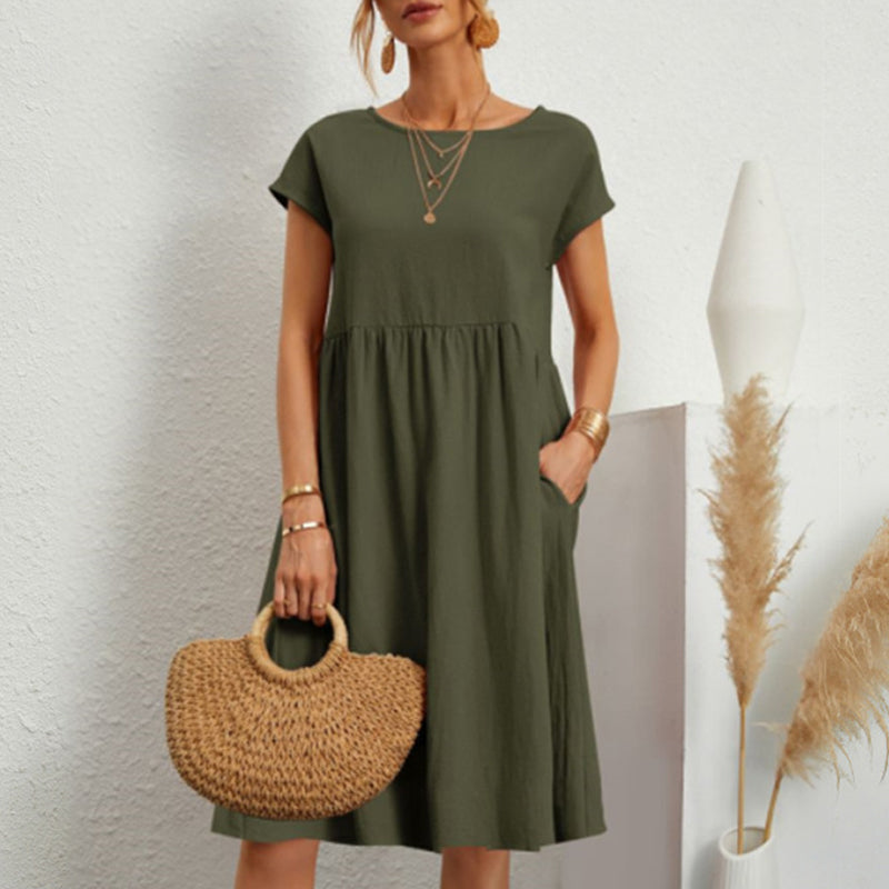 ✨🌼【Compre 1 y obtenga 1 gratis】【S-5XL】2024 Vestido de línea suelta con cuello redondo de algodón y lino para mujer_3991076