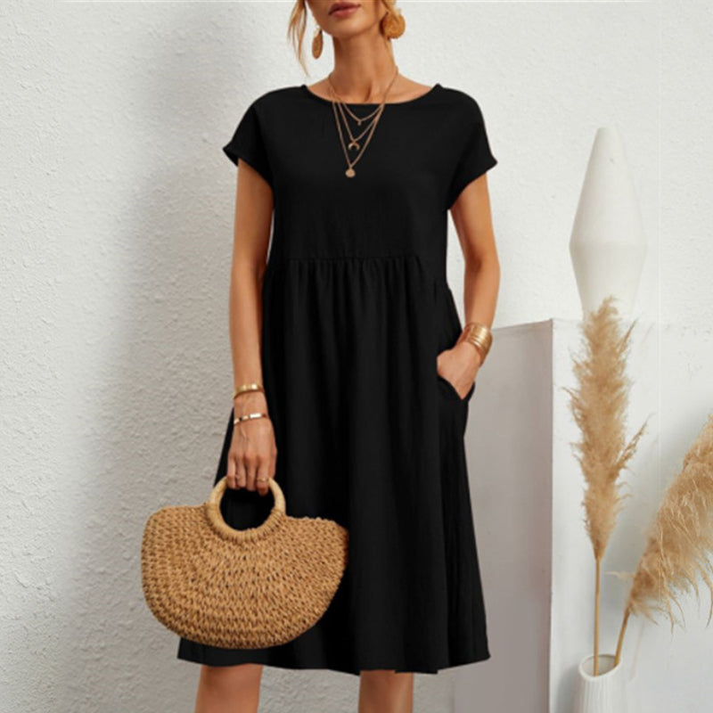 ✨🌼【Compre 1 y obtenga 1 gratis】【S-5XL】2024 Vestido de línea suelta con cuello redondo de algodón y lino para mujer_3991076