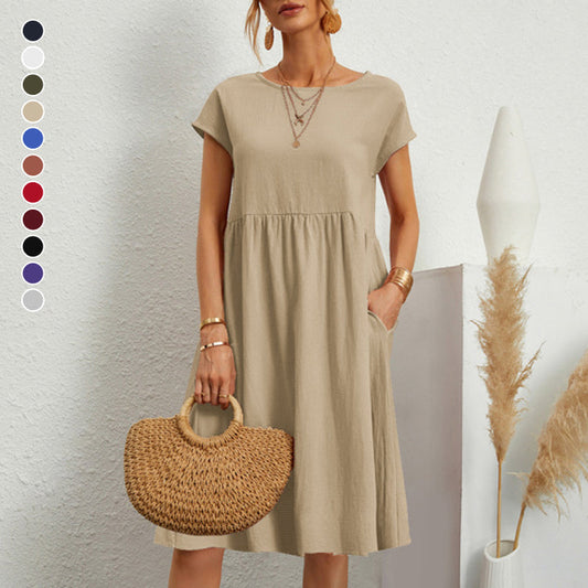 【Oferta de cambio de temporada】【S-5XL】Vestido de mujer 2026 de algodón y lino, con cuello redondo y corte cómodo
