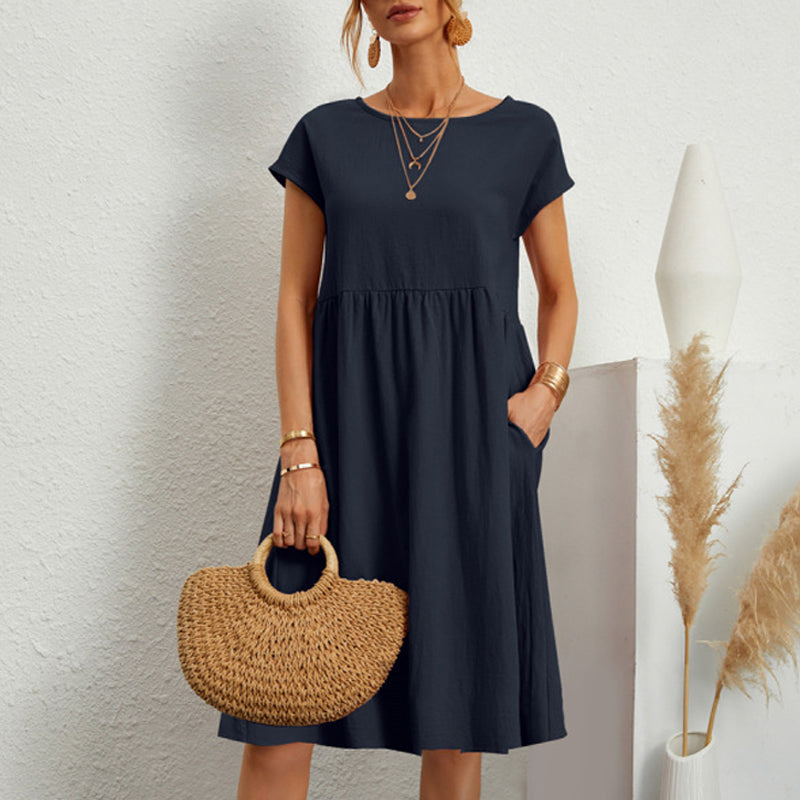 ✨🌼【Compre 1 y obtenga 1 gratis】【S-5XL】2024 Vestido de línea suelta con cuello redondo de algodón y lino para mujer_3991076