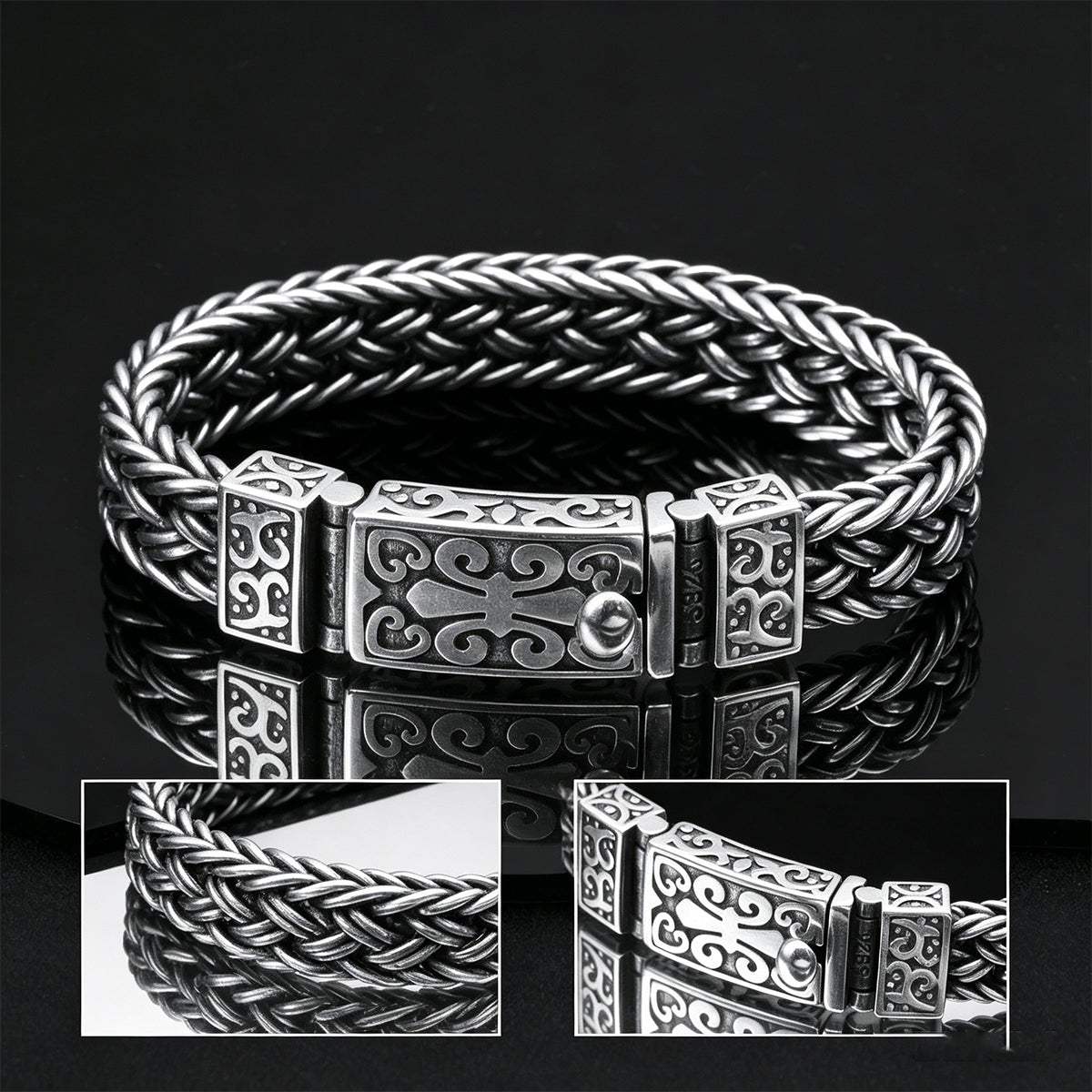 【Descuento】Pulseras de hombre fabricadas en plata 925, tejidas a mano, anchas y gruesas, estilo retro trendy