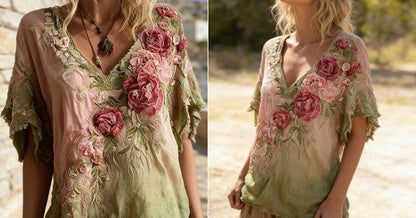 Blusa elegante con cuello en V profundo y estampado floral  Tallas S-4XL