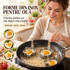 🍳 Set 3 Forme din Oțel Inoxidabil Al alimentar pentru Ouă Fierte – Micul Dejun Perfect și Amuzant! Fără Lipire, Mânere Anti-Opărire (Inimă, Florcică, Cerd)