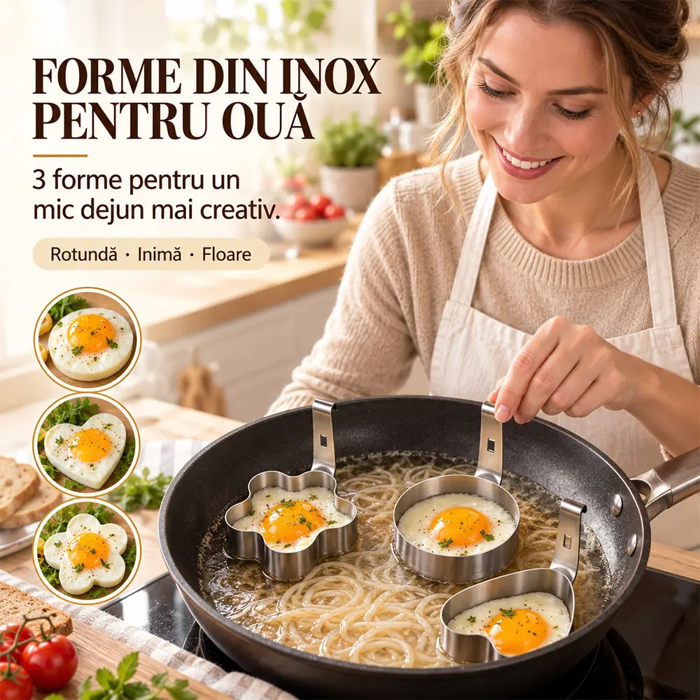 🍳 Set 3 Forme din Oțel Inoxidabil Al alimentar pentru Ouă Fierte – Micul Dejun Perfect și Amuzant! Fără Lipire, Mânere Anti-Opărire (Inimă, Florcică, Cerd)