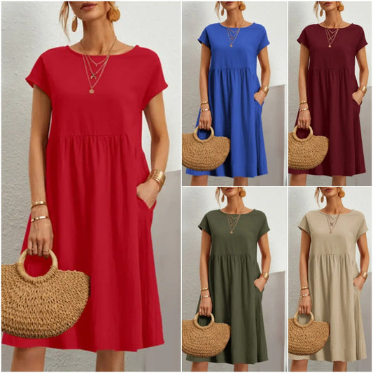✨🌼【Compre 1 y obtenga 1 gratis】【S-5XL】2024 Vestido de línea suelta con cuello redondo de algodón y lino para mujer_3991076