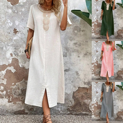 【S-3XL】Vestido de verano holgado para mujer con escote redondo, confeccionado en algodón puro y lino, con abertura.