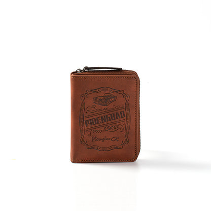 【Disponible en 4 colores】 Cartera de hombre de cuero genuino estilo retro, hecha a mano, con cremallera y ranura para varias tarjetas.