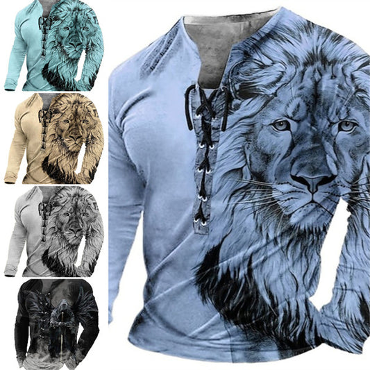 🦁🦁Męski, swobodny T-shirt z długim rękawem i nadrukiem 3D-3995258