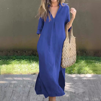 【50% de descuento 】【S–3XL】Vestido maxi de lino para verano, con cuello en V y aberturas laterales, cómodo