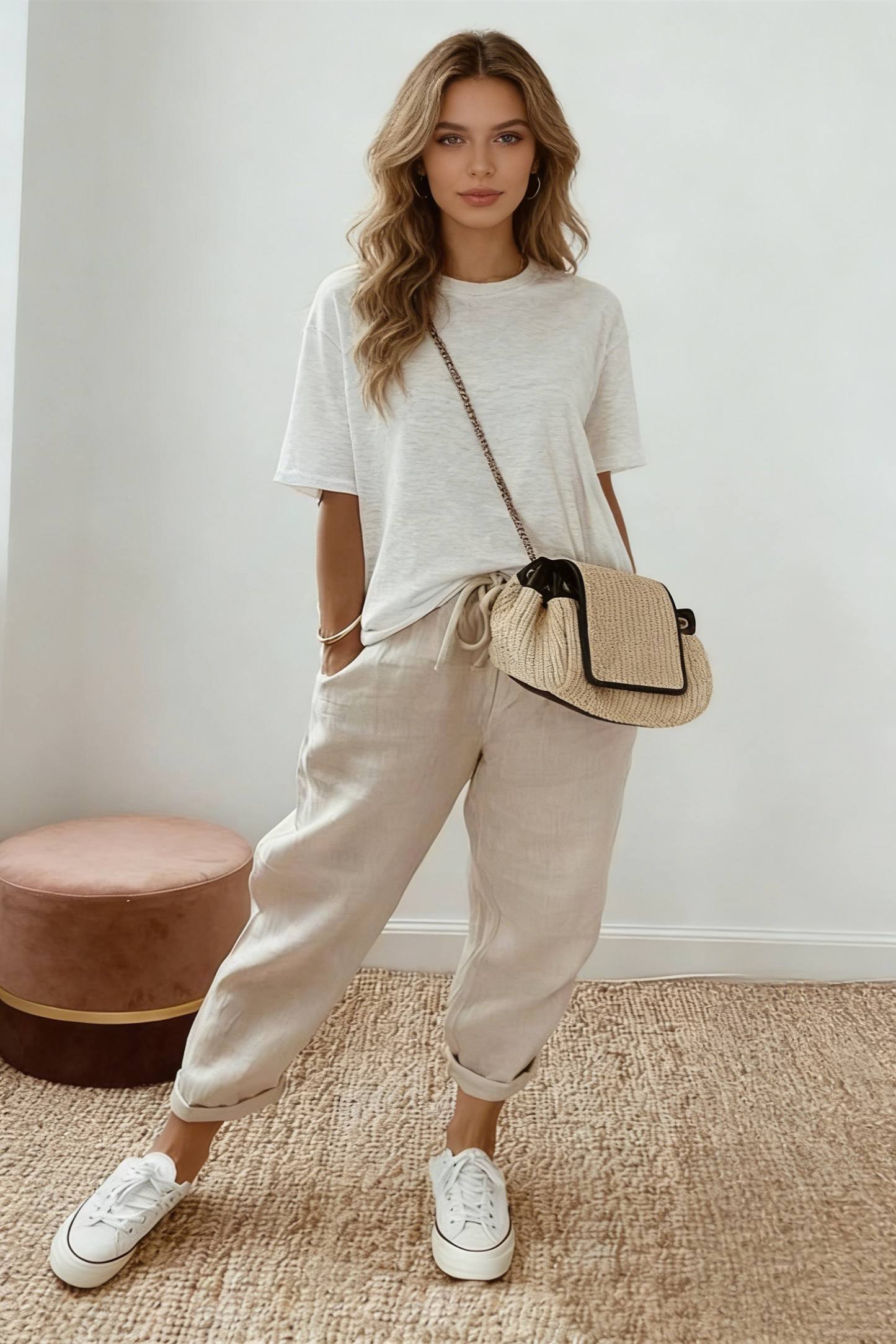 Pantalones casuales de algodón y lino para mujer
