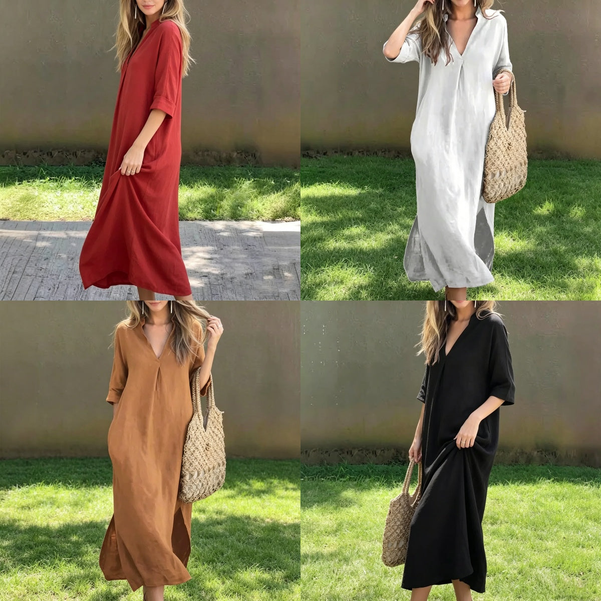 【Pago contra entrega】【40-100 kg】Vestido largo de lino para verano, escote en V, abertura lateral, cómodo