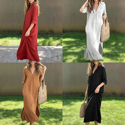 【Pago contra entrega】【40-100 kg】Vestido largo de lino para verano, escote en V, abertura lateral, cómodo