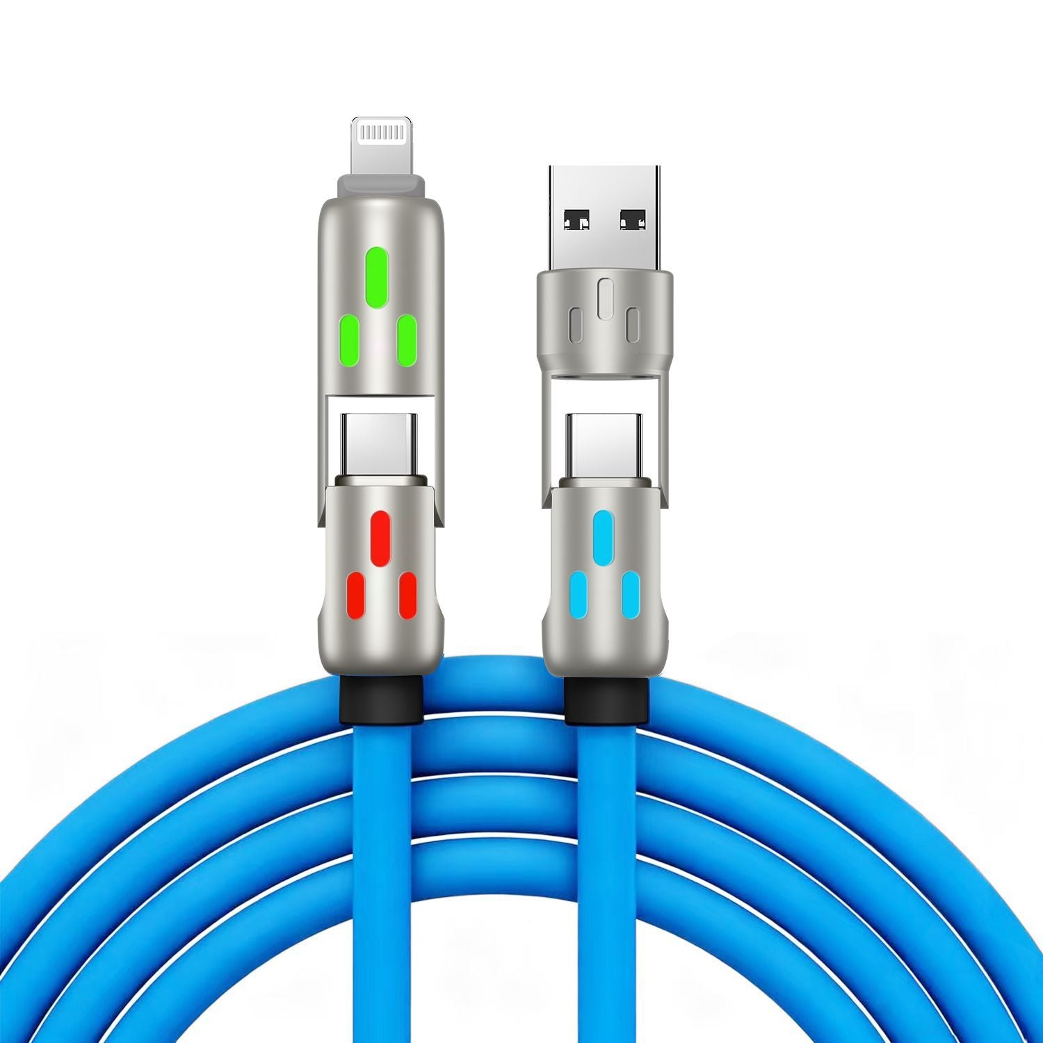 🔥 【2 bucăți la 129 de lei】 🔥 (2 metri lungime) Cablu 4 în 1 PD 240 W – USB-C, Lightning și încărcare rapidă USB-A, aluminiu și silicon, sincronizare date ⚡📱