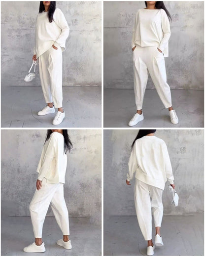 Conjunto de manga larga con blusa de cuello redondo y pantalón largo