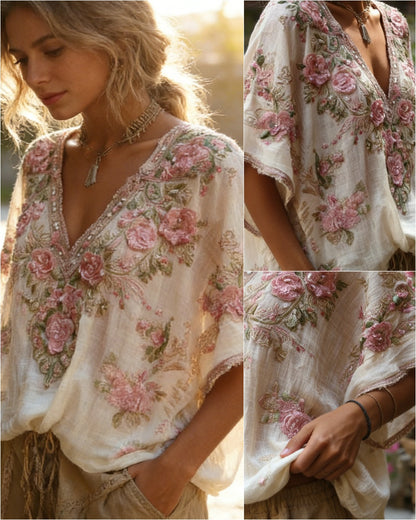 Blusa elegante con cuello en V profundo y estampado floral  Tallas S-4XL