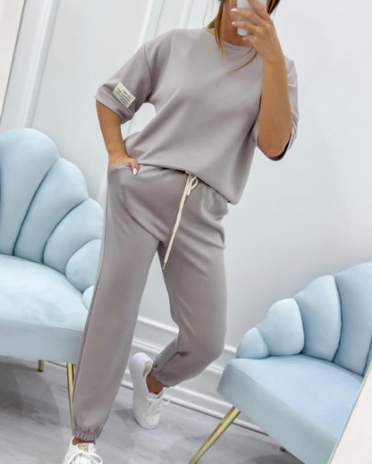 Conjunto casual de top y pantalones lisos para mujer (S-5XL)