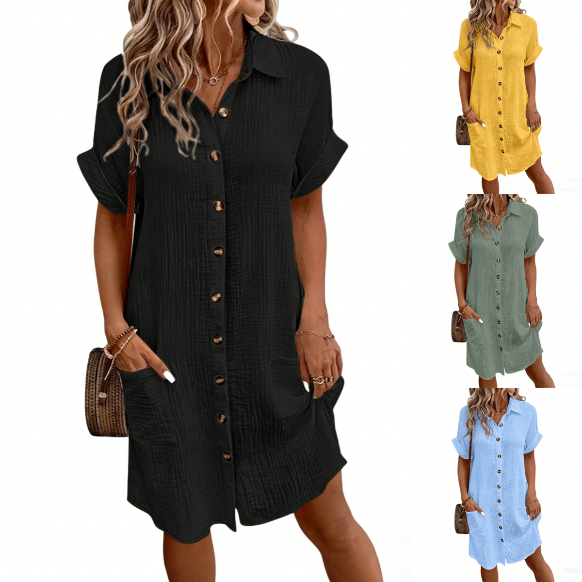 【S-2XL】2026 Vestido suelto de lino y algodón de manga corta y largo medio con botones