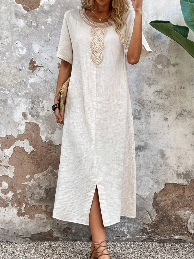 【S-3XL】Vestido de verano holgado para mujer con escote redondo, confeccionado en algodón puro y lino, con abertura.