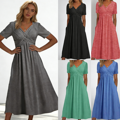 【S-3XL】2026 Vestido casual midi de color sólido Nuevo vestido suelto de manga corta de verano.