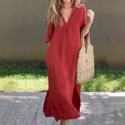 【50% de descuento 】【S–3XL】Vestido maxi de lino para verano, con cuello en V y aberturas laterales, cómodo