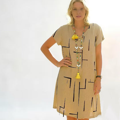 Vestido estampado de lino y algodón con cuello en V, color oro puro, 2026 - Oferta