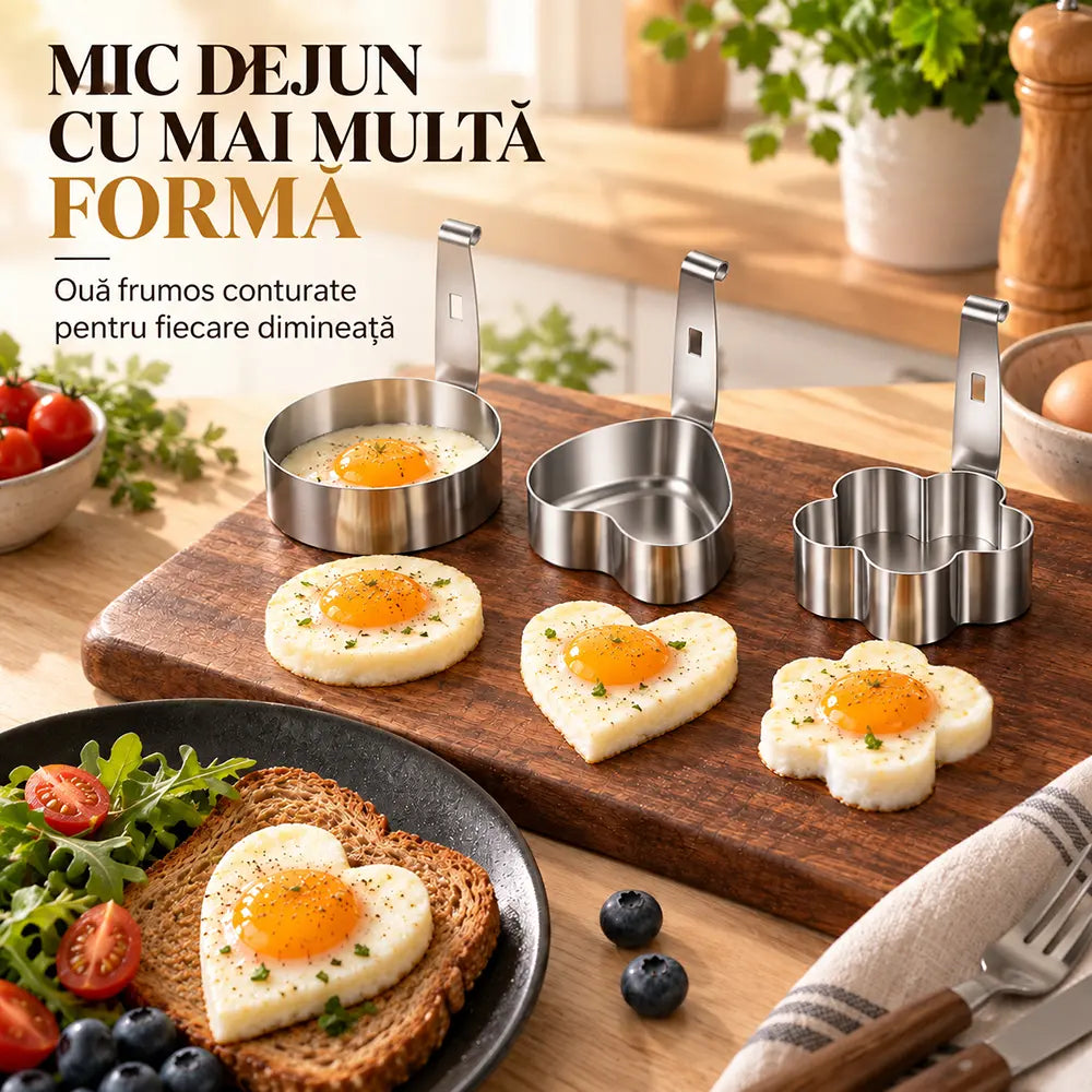 🍳 Set 3 Forme din Oțel Inoxidabil Al alimentar pentru Ouă Fierte – Micul Dejun Perfect și Amuzant! Fără Lipire, Mânere Anti-Opărire (Inimă, Florcică, Cerd)
