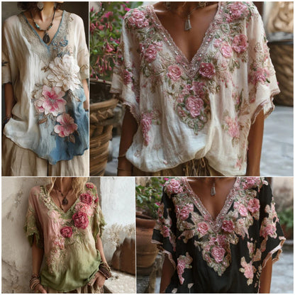 Blusa elegante con cuello en V profundo y estampado floral，Tallas【S-4XL】