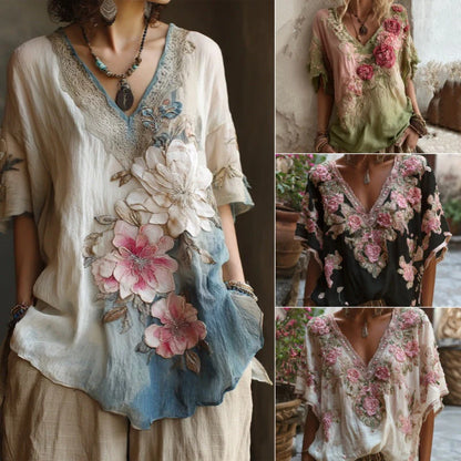 Blusa elegante con cuello en V profundo y estampado floral  Tallas S-4XL