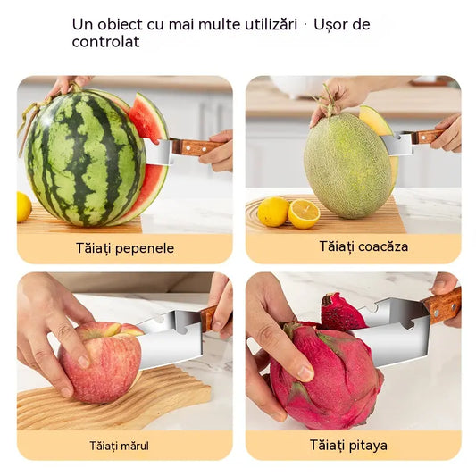 🔥 🍉 Tăietor Multifuncțional pentru Pepene din Oțel Inoxidabil – Design Triunghiular cu Desfăcător de Capace ✂️