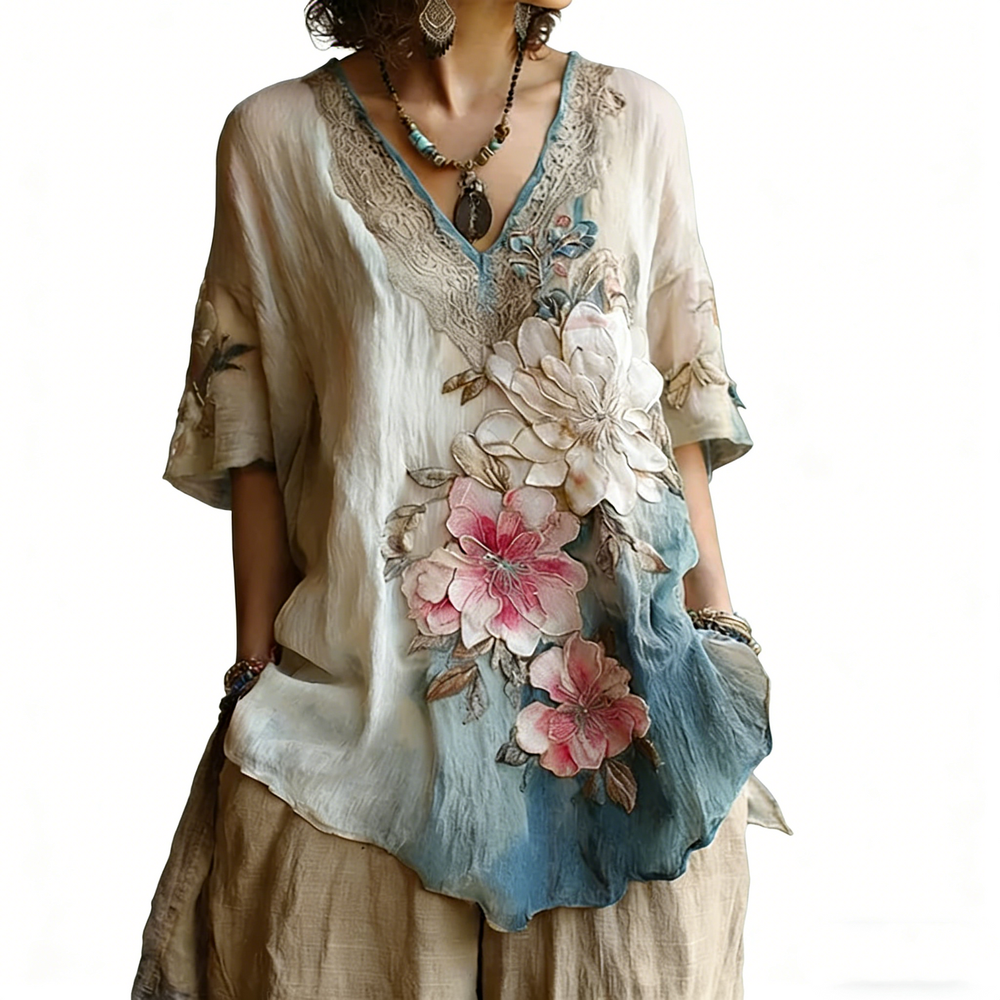 Blusa elegante con cuello en V profundo y estampado floral  Tallas S-4XL
