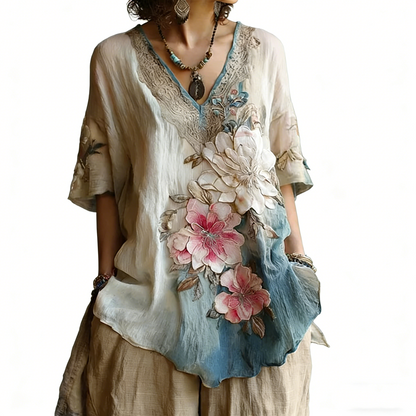 Blusa elegante con cuello en V profundo y estampado floral  Tallas S-4XL