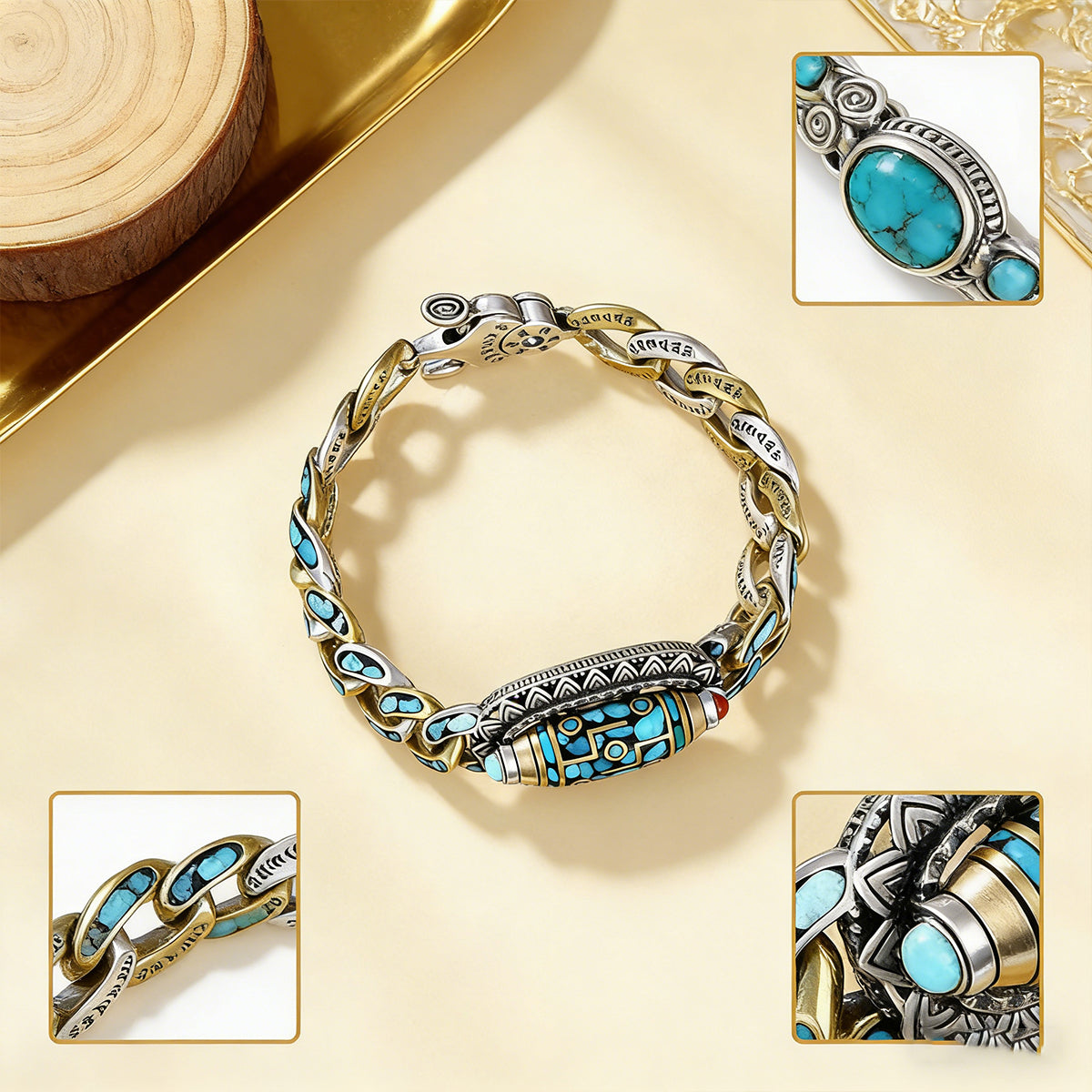 【Más vendido】Pulsera retro de plata 925, de seis cifras, turquesa, con mantras y cuentas transferibles
